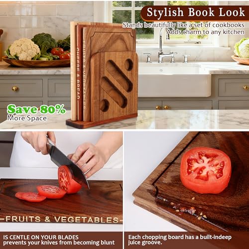 Hoforife Wooden Cutting Boards Set That Look Like Books, 3-Piece Acacia, Sapele & Peruvian Walnut Book Shaped Cutting Board with Stand Decorative & Functional Cutting Boards for Kitchen(Natural Wood)