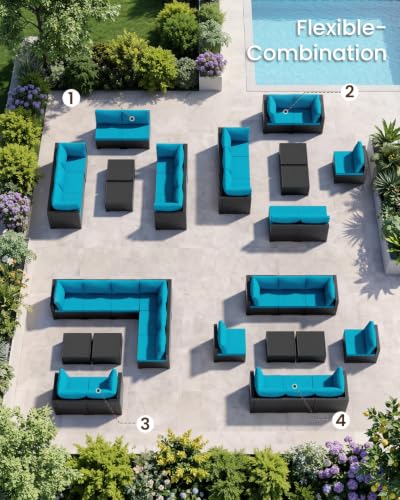 LAWNOOK Patio Furniture Set - All-Weather - 10 Piece Patio Outdoor Conversation Set, Modular Wicker Rattan Sectional Sofa for Backyard, Garden, Poolside, Balcony, Porch, Patio, Black/Peacock Blue