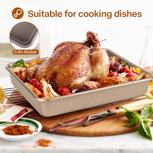 Barlket Deep Baking Pans Set, 3-Pieces Rectangle Cake Pan, Nonstick Carbon Steel Roasting Pans, 9/11/13 Inch, Lasagna Pan with 1.6-2.3 Inch Deep Size, Heavy Duty Stackable Oven Baking Trays, Gold