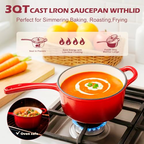 Hisencn Enameled Cast Iron Cookware Set - 2 PC Set of 5.5QT Dutch Ovens, 2QT Sauce Pan, Dutch Oven Set, Ceramic Coated Cast Iron, Heavy Duty, Gas/Induction Compatible,Red