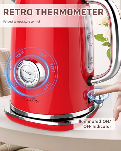 Harriet Electric Kettle, 1.8L Retro Electric Tea Kettle with Thermometer, 1500W Stainless Steel Hot Water Kettle Electric with LED Indicator, Fast Boiling, Cordless, Auto Shut-Off, Red