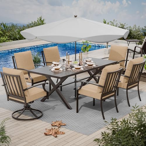 ASJMR 7 Piece Outdoor Dining Set for 6, Metal Patio Table and Chairs with Cushions, Patio Furniture Set with 2 Swivel Chairs, Rectangular Patio Dining Table with Umbrella Hole, Lawn Deck, Yard-Sand