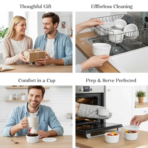 Ceramic Ramekins 6 Oz White Set of 6 | Oven, Microwave & Dishwasher Safe Porcelain Souffle and Creme Brulee Cups for Custard, Pudding, Dips & Individual Desserts, Thick Wall Heat Resistant Construction