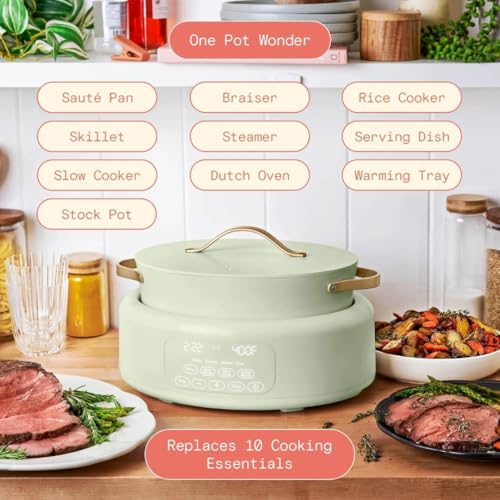 Wonderful 10-in-1 Electric Multi-Cooker 6 Qt Cast Aluminum Pot, 7 Preset Function,Oven & Dishwasher Safe to 400°F Sauté Slow Cook Steam Touch Display (Sage Green)