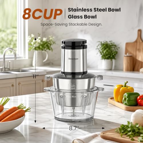 Food Processor with 2 Bowls (8 Cup+8 Cup), 2-Speed Electric Food Chopper
