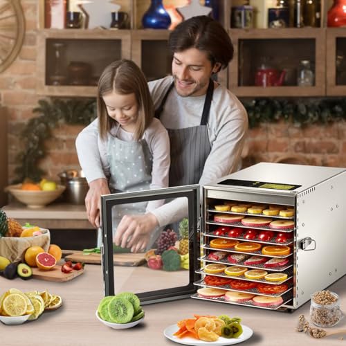 Cercker Food-Dehydrator Machine 8 Stainless Steel Trays, 500W Jerky Dehydrator for Meat, 190ºF Mushroom Dryer, 24H Timer Fruits Dryer for Herbs, Veggies, Yogurt & Dog Treats