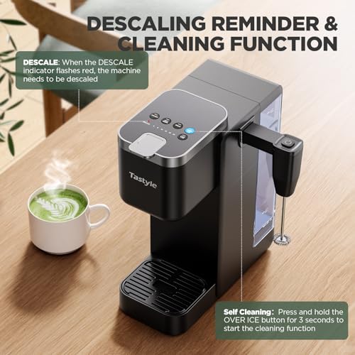 Tastyle 330MF Single Serve Coffee Maker with Built-in Detachable Milk Frother, Iced and Hot Coffee Machine for K Cup & Grounds, 40oz Removable Water Reservoir, 6 Cup Sizes, Fits 7.3" Travel Mug, Black
