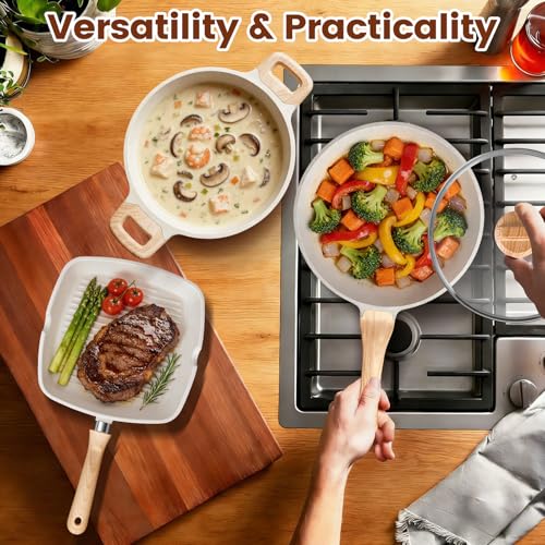 AOSION 27PCS Pots and Pans Set, Nonstick Ceramic Cookware Set, Healthy Kitchen Cooking Set with Gloves, Apron, Silicone Tools & Pot Protectors, Oven & Dishwasher Safe, PFOA/PFOS Free,Ivory