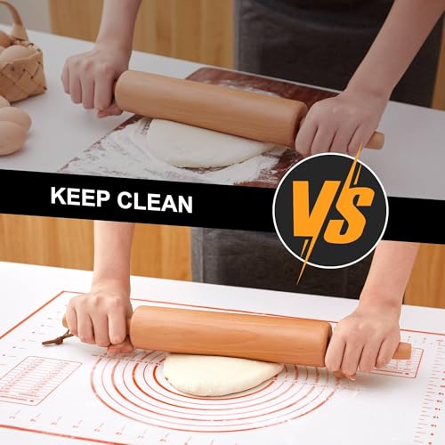 ESDOPA Classic Wood Rolling Pin - Wooden Rolling Pins for Baking Silicone Mat Set, Dough Roller with Wood Base, Fondant Roller for Pie Crust Cookies Pizza Dough and Bread, 17 Inch