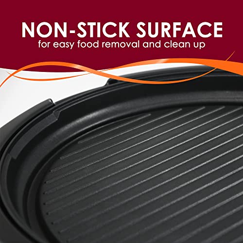 Elite Gourmet EMG-980BX Large Indoor Electric Round Nonstick Grill Cool Touch Fast Heat Up Ideal Low-Fat Meals Dishwasher Safe Includes Glass Lid, 14", Black