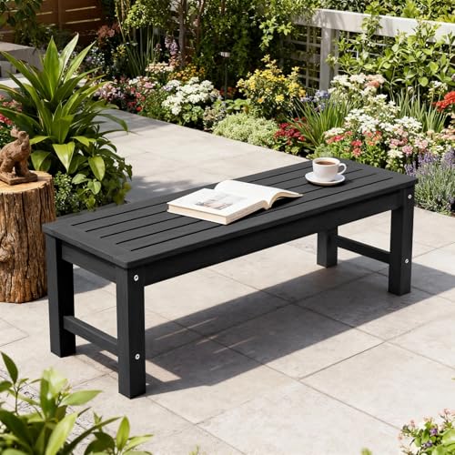 Psilvam 47" Outdoor Bench Weatherproof, All Weather Polylumber 2-Person Backless Bench,Garden Bench with 700Lbs Weight Capacity, Patio Bench for Porch,Garden and Park (Black)
