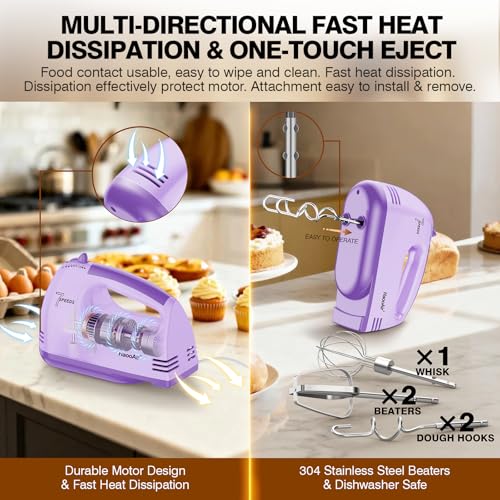 HaooAir Electric Handheld Mixer, 7-Speed Adjustable Kitchen Mixer, 5 Stainless Steel Accessories (2 * Dough Hooks, 2 * Beaters, 1 * Whisk), Perfect for Kitchen and Baking Food Mixers, Purple