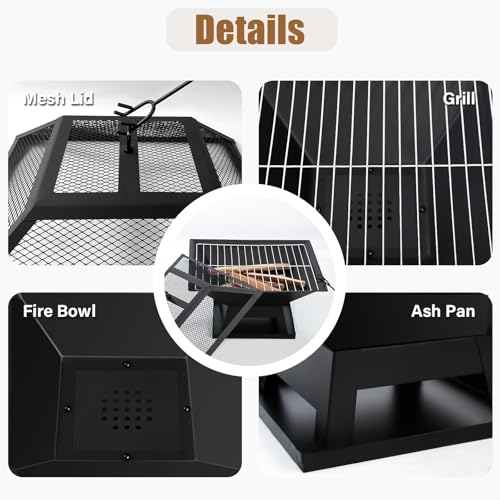 Quilushey 19.8inch Portable Small Fire Pit with a Removable Ash Pan, Fire Poker, Mesh Lid, 2 in 1 Square Outdoor Fireplace for BBQ, Outside Heating, Bonfire Party, Camping, Backyard, Patio, RV Trip
