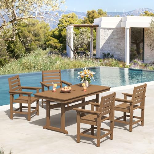 Homenjoy 5 Piece Patio Dining Set, 35" Square HDPS Weather Resistant Outdoor Table & 4 Patio Chairs Set with 1.96" Umbrella Hole, Heavy Duty for Small Space Backyard Balcony, Brown