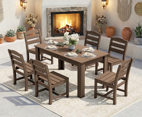 SERWALL Outdoor Dining Sets for 10, HDPE Dining Sets for 10 Person with 2 Rectangular Tables and 8 Armless Chairs and 2 Armchairs, Patio Dining Sets for Garden, Backyard, Poolside, Brown