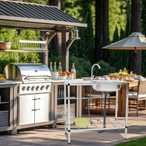 Tandefio Freestanding Outdoor Kitchen Utility Sink Set Stainless Steel Single Bowl Sink Portable Commercial Utility for Restaurant Cafe Bar Hotel Garage Laundry Room(Single Layer)
