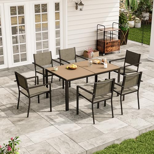 Aoxun 7-Piece Patio Table and Chairs Set for 6, All Weather Outdoor Dining Set with 6 Textilene Chairs and 1 Rectangular Metal Table, Patio Dining Sets for Backyard, Garden and Poolside, Brown