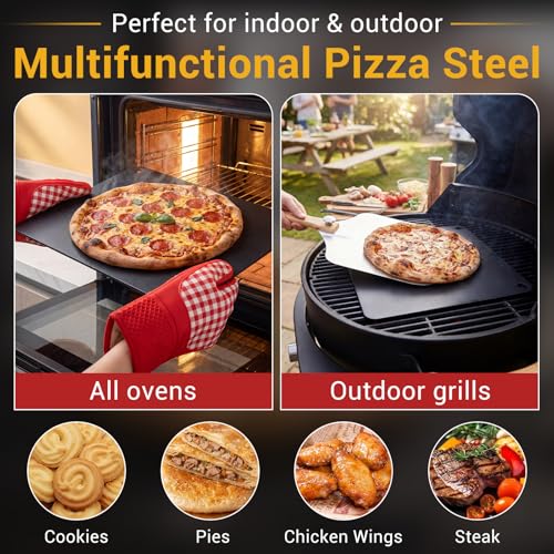 Suttmin 3 Pieces Baking Pizza Steel Set 16"x13" Carbon Steel Pizza Stone for Oven and Grill Folding Aluminum Spatula Food Grade Cutter Rocker Blade for Cooking Home Restaurant Bread Steak BBQ