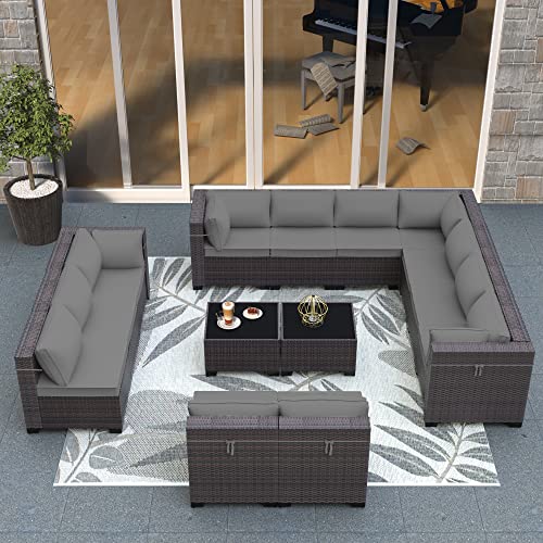 ASJMR Outdoor Patio Furniture Set, 14 Pieces Outdoor Sectional Furniture Patio Sofa, All-Weather PE Rattan Patio Conversation Set with Tempered Glass Top Table & Cushions(Grey).