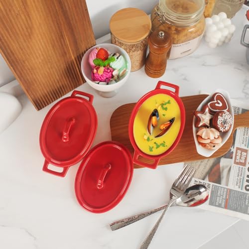 jinsongdafa Ceramic Mini Oval Cocotte Set, 10 Ounces Small Casserole Dishes with Lids and Handles, Individual Baking Ramekins, Oven, Microwave & Dishwasher Safe, Red 7.1 Inch