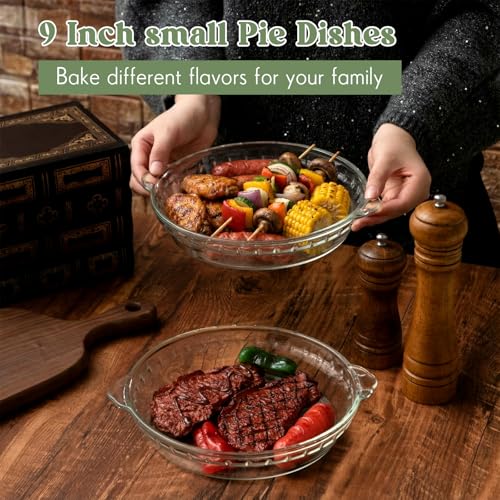 Uiifan 2 Packs 9 Inches Mini Glass Pie Pan for Baking Clear Pie Plate with Handles Round Glass Dish for Baking and Serving, Snacks, Salads, Desserts