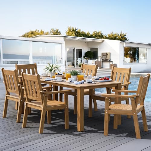 YEFU HIPS Patio Table Set: 7 Piece Outdoor Table and Chairs Dining Furniture Set with Umbrella Hole - Teak Modern Plastic Dining Sets 6 Person for Outside Deck with Metal Aluminum Frame