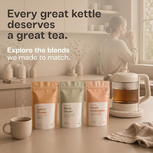 Viante Nina Electric Tea Kettle with Infuser, No Plastic In Contact With Water, 1.5L Borosilicate Glass, 304 Stainless Steel, 4 Temp Presets, Keep Warm, Cordless, Auto Shut-Off, Beige