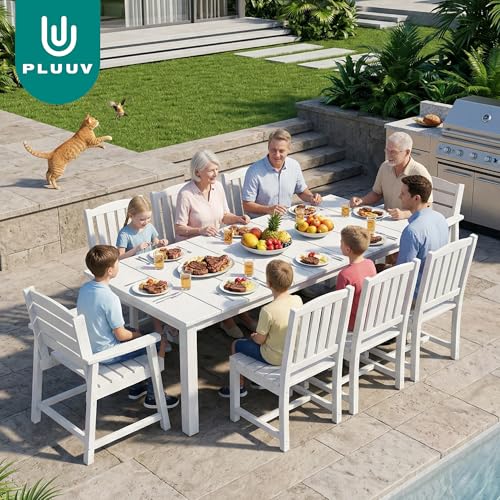 PLUUV 9-Piece Outdoor Patio Dining Set – HDPE Dining Table with Aluminum Legs and Umbrella Hole, 8 Chairs & 1 Table, All-Weather Patio Furniture Set for Garden Deck Backyard, White
