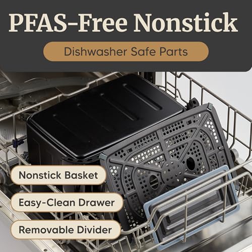 Elite Gourmet Dual Zone Air Fryer Oven 11QT, Dual Basket Air Fryer with Divider, Sync Finish & Sync Cook, PFAS Free Nonstick, 10 Presets, Air Fry Bake Roast Broil Toast Dehydrate, 1600W Black