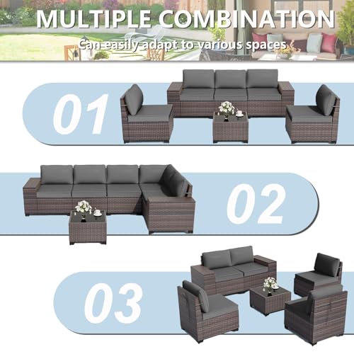 ALAULM 6 Pieces Patio Furniture Set, Oversized Seat/Armrest Sofas and High Back Wicker Sectional Furniture Set with Thick Cushion for Backyard, Garden, Grey