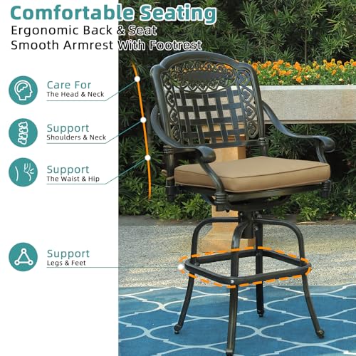 MEETWARM 10-Piece Outdoor Bar Set, All Weather Cast Aluminum High Patio Dining Set with 8 Cushioned Swivel Bar Stools, Large 64" Square Patio Bar Height Table with Detachable Lazy Susan, Umbrella Hole