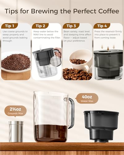 Waterdrop PT-10 Cold Brew Coffee Maker with 1 Magnesium Water Filter for Well-Balanced Acidity, Unlocks Aroma, BPA-Free Cold Brew Pitcher, Stainless Steel Filter for Iced Coffee, Tea, Lemonade, Black