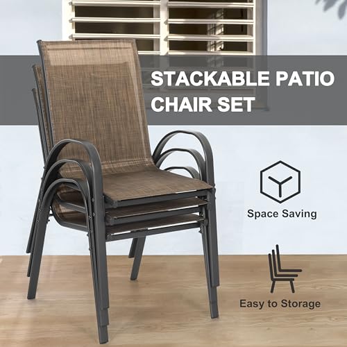 NUU GARDEN 5 PCS Patio Dining Set, Metal Outdoor Table and Chairs, with 4 Stackable Chairs and 31.5’’ Square Table with Umbrella Hole, Outdoor Dining Set for Lawn, Balcony, Garden, Black and Brown