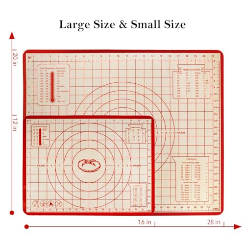 Silicone Baking Mat,28in×20in & 16in×12in Pastry Mat,Measuring Non-slip Dough mat Mats for Baking,Kneading Dough,Table Mats Red(2Pack)