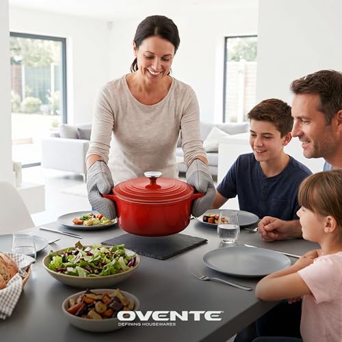 OVENTE Dutch Oven Pot with Lid, 4.6 Quart Aluminum Non-Stick Coated Cookware for Sourdough Bread Baking, Braising, Cooking Soups and More, Oven and Dishwasher Safe, Works on All Stovetops, Red DOA546R
