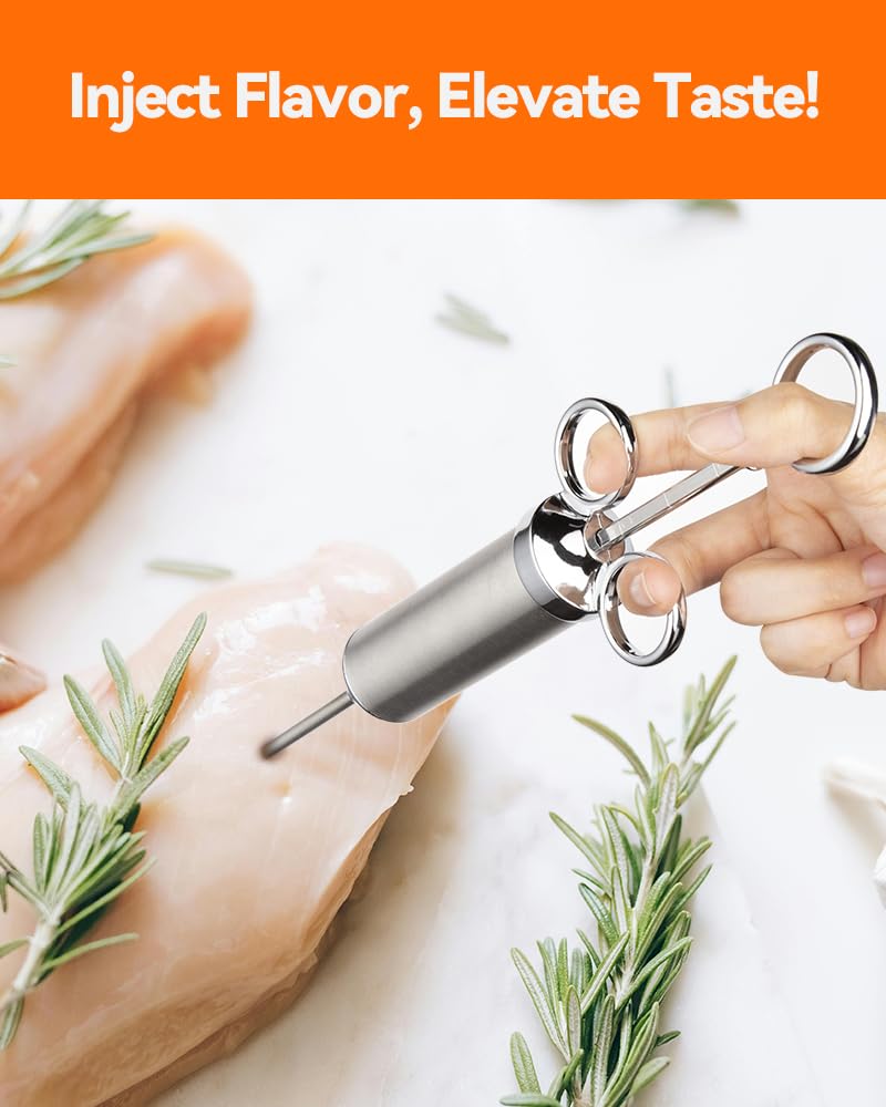 Brigii Meat Injector Syringe, 2oz Turkey Injector Seasoning, 304-Stainless Steel Seasoning Injector with 3 Marinade Needles and 3 Cleaning Brushes for Smoked BBQ Grilling