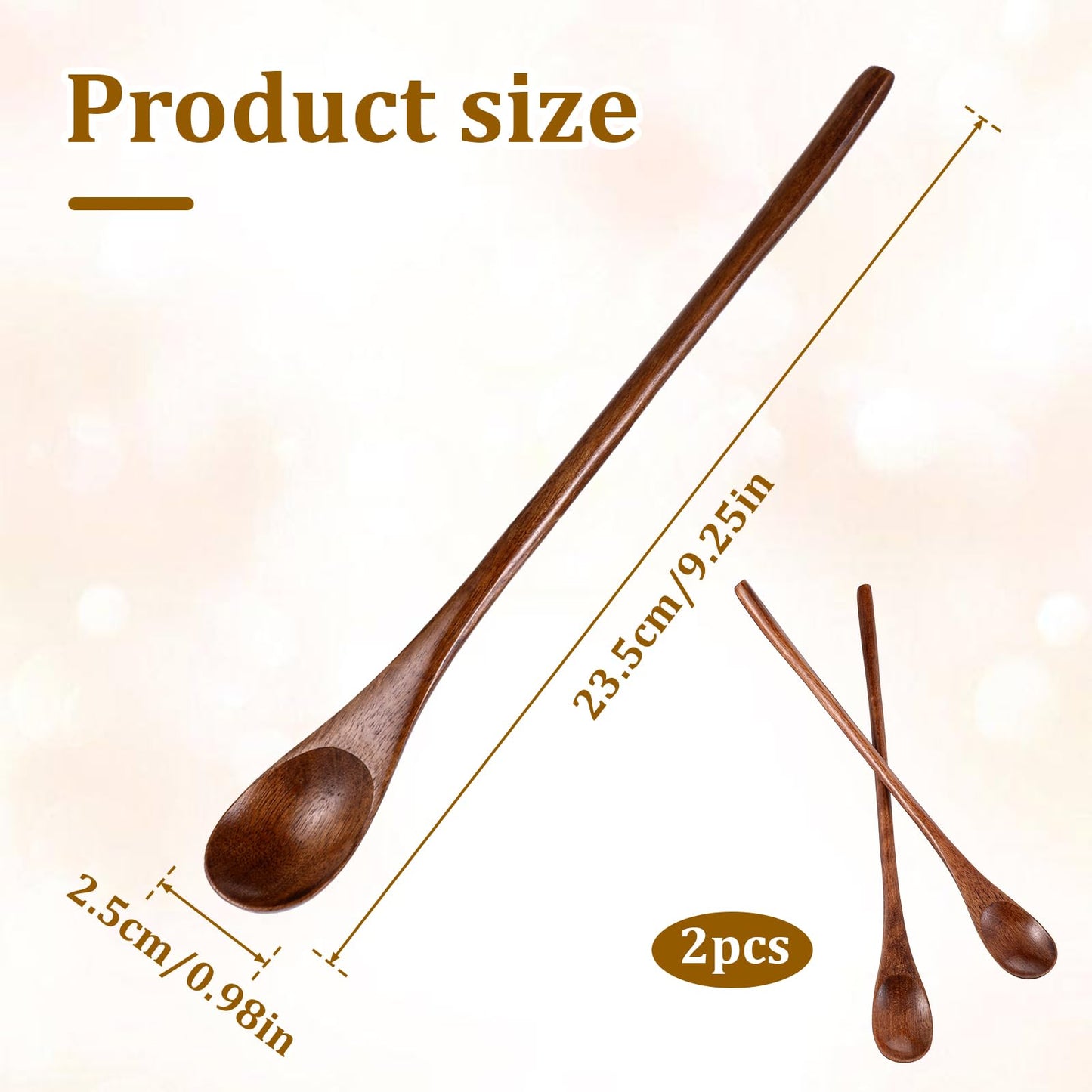 Piriuuo 2 Pcs Long Wooden Teaspoon, 9.25 Inch Honey Spoon Wooden Spoons for Honey Wood Coffee Spoon with Long Handle for Stirring Mixing (Brown)