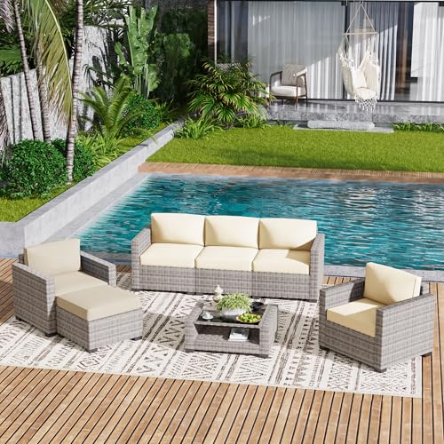 LOUVIXA 7 Piece Outdoor Patio Furniture Set, Rattan Chairs Glass Table Wicker Conversation Seating Sectional Sofa with Cushions (Grey White-Beige, 7Pcs-2 Layer Coffee Table)