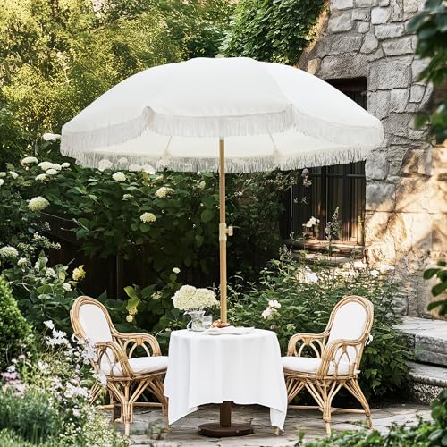 Kbrellaoutlets Patio Fringe Umbrella with UPF 50+ Protection,8 Ribs and Push Button Tilt,Outdoor Beach Umbrella For Garden, Courtyard,Pool,Outside