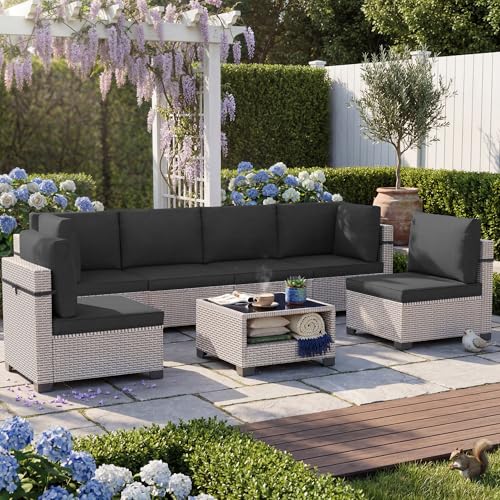 SnugVista Patio Furniture Set, 14-Piece Outdoor Sectional Sofa with 2-Layer Glass Coffee Table, Wicker Patio Conversation Set with Black Cushions for Backyard, Poolside, Porch