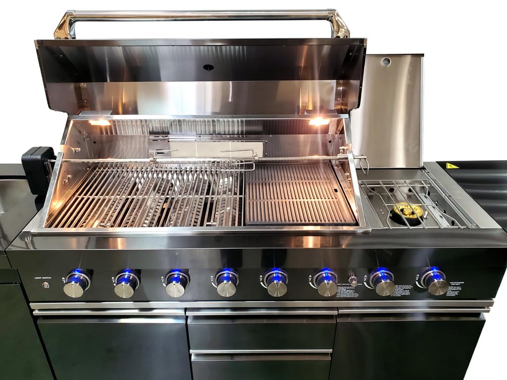 MCP-Distributions 3 Piece 10' Foot Modular Marble Top Black Stainless Steel Outdoor BBQ Kitchen Island Grill, Propane or Natural Gas, with Refrigerator and Sink Modules, 3PMGB