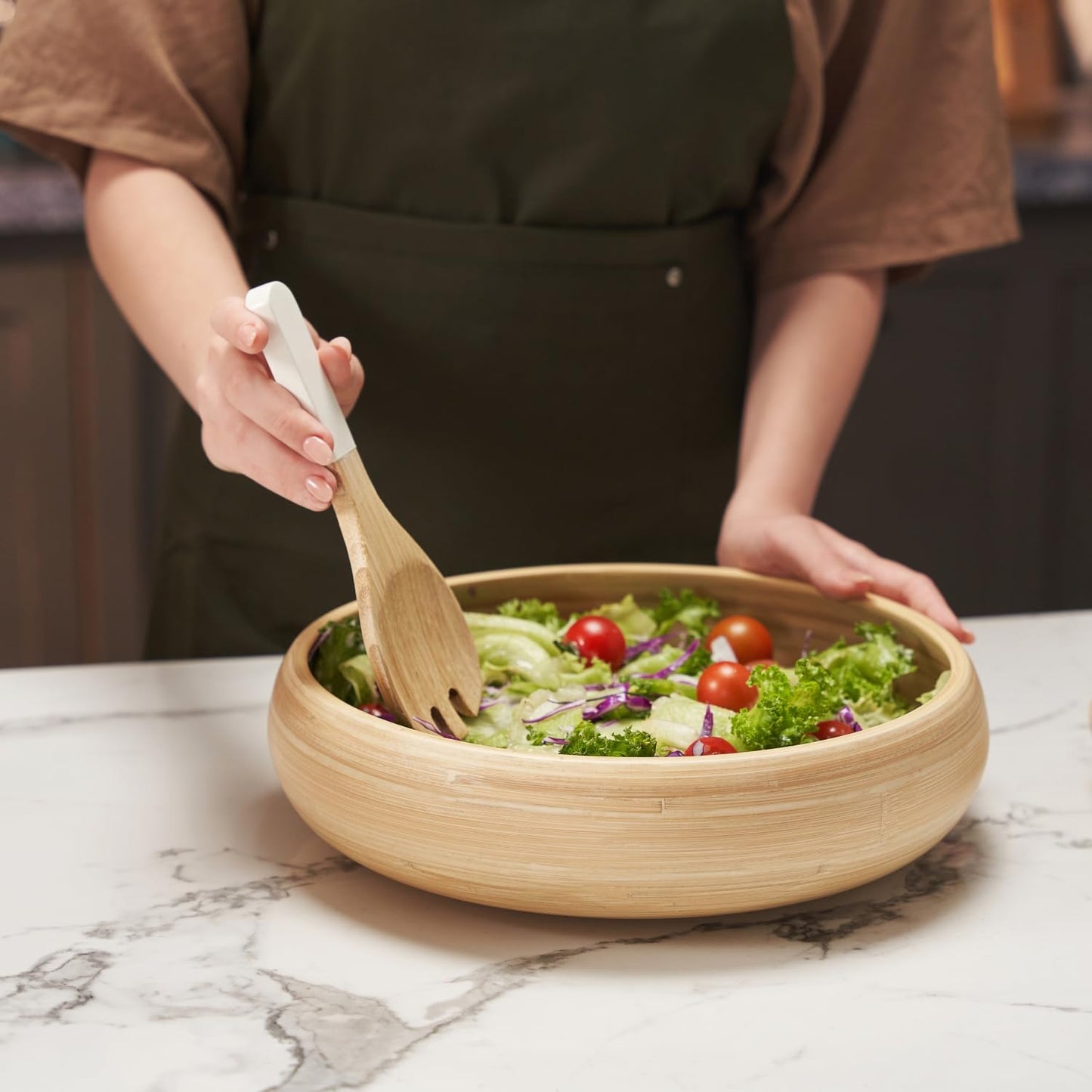 LEXA 12" Handmade Natural Bamboo Wooden Fruit Bowl for Kitchen Counter - 130 oz Lightweight Large Bamboo Wood Salad Bowl