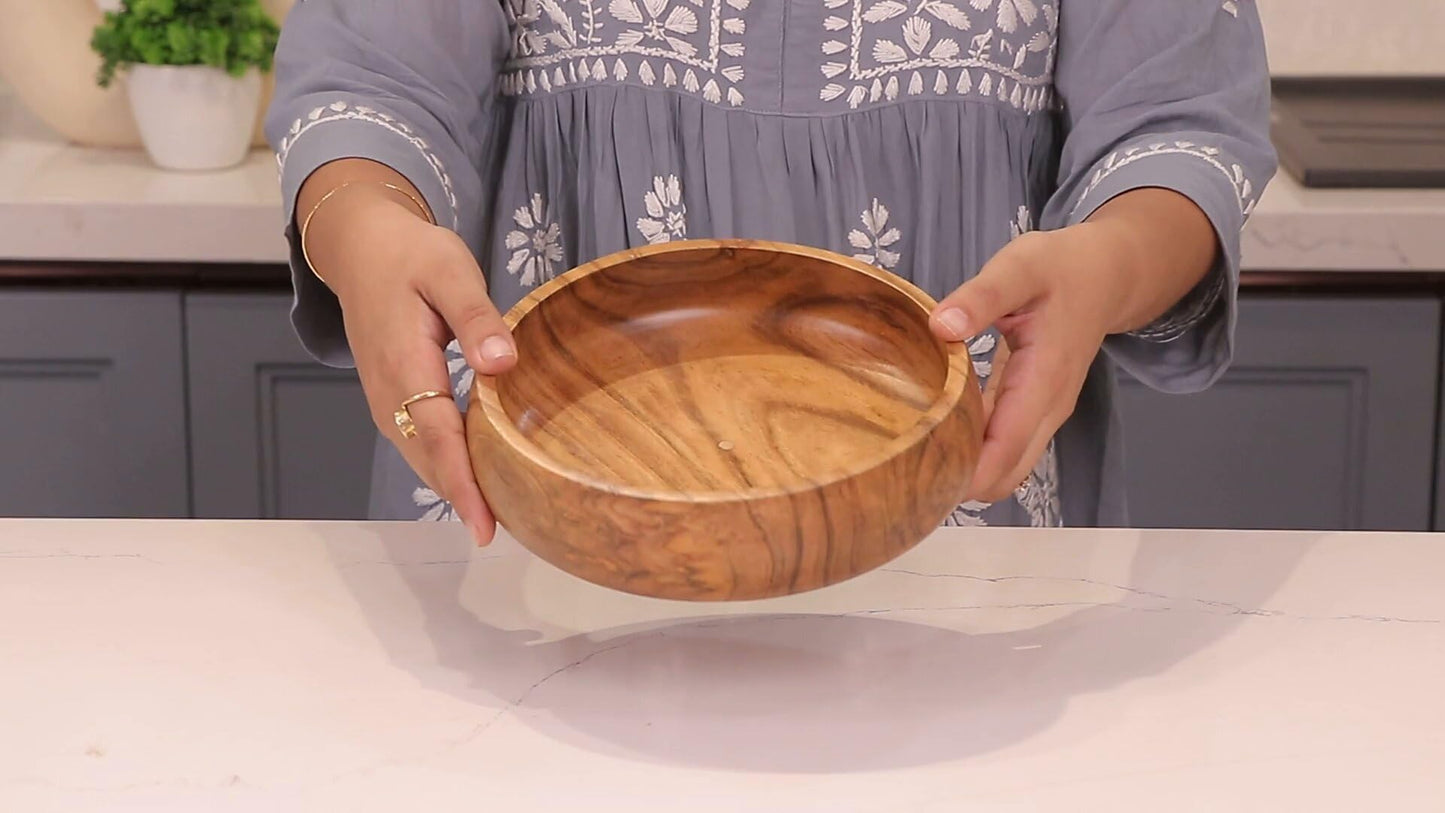 LAVAUX DESIGNS Acacia wooden salad bowls set of 2, large individual bowls 8 x 2 inches (25 oz) with Food safe wood coating | Jointless plates type wood bowl for food