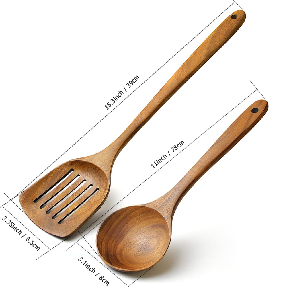 AYFDISHS Wooden Spatulas for Cooking, Handmade Natural Acacia Cooking Rice Paddle, Slotted Spatula for Nonstick Cookwares, Set of 2