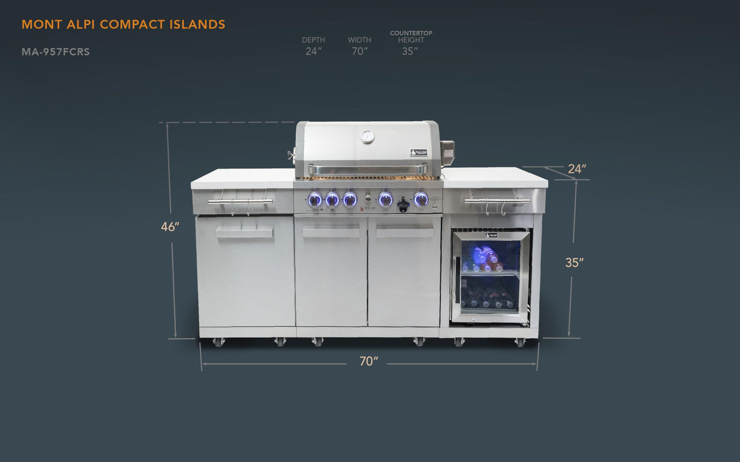 Mont Alpi MA957FC-RS 5-Burner 63000 BTU Stainless Steel Compact Outdoor Kitchen Gas Barbecue Island Grill with Infrared Rear Burner + Fridge Cabinet + Rotisserie Kit & Full Weather Cover