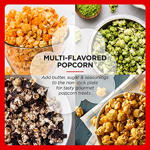 Elite Gourmet EPM330R Automatic Stirring Ceramic Nonstick 12-cup Popcorn Maker, Hot Oil Popcorn Machine w/Measuring Cap & Built-in Reversible Serving Bowl, Great for Home Party, ETL Approved, Red