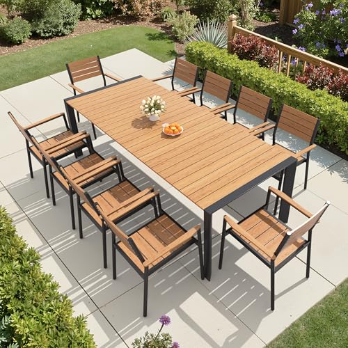 Crestlive Products 11-Piece Outdoor Dining Set, Aluminum 95" Rectangular Table and Stackable Chairs with Umbrella Hole and Arm All-Weather WPC Patio Furniture for 10 for Garden Patio Backyard (Brown)