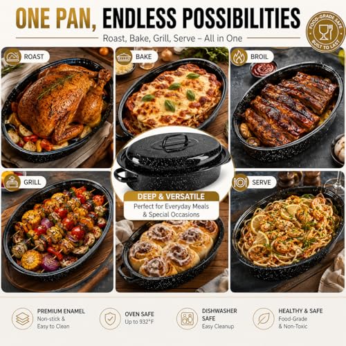 bajindan 16 Inch Enamel Roasting Pan with Lid & Rack, Oven & Dishwasher Safe Turkey Roaster, 932°F Heat Resistant, Includes Silicone Handles & Cleaning Sponges