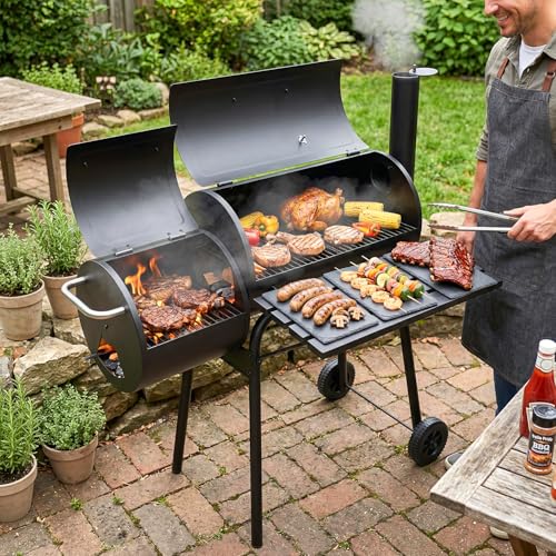 Dopinmin BBQ Charcoal Grill, Outdoor Heavy Duty Cooker oven Barbecue Grill with Offset Smoker & Thermometer, Wheels and Tray for Patio Balcony Picnics, Party and Camping