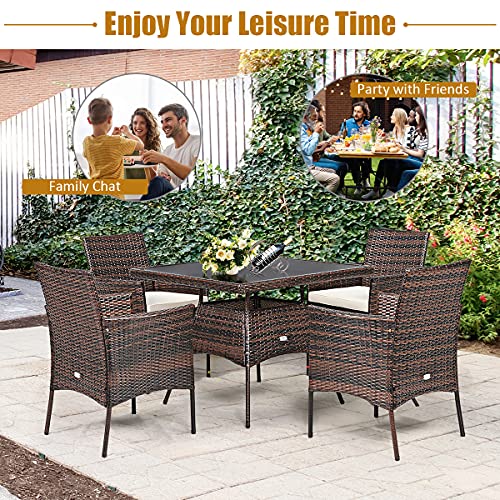 Tangkula 5 Pieces Wicker Patio Dining Set, Outdoor PE Rattan Chairs Table Set with 4 Seat Cushions, Patio Dining Furniture with Tempered Glass Tabletop, Suitable for Porch, Yard